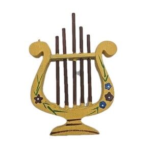 Vintage Handpainted Wooden Lyre Harp Instrument Christmas Ornament Yellow Gold